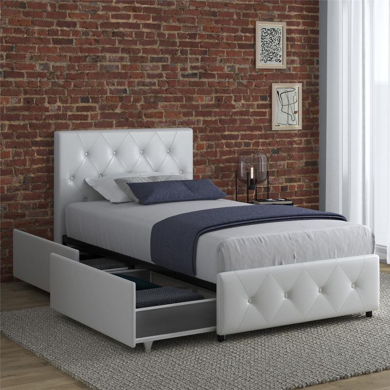 DHP Dakota Upholstered Bed with Storage Drawers, White Faux Leather, Twin