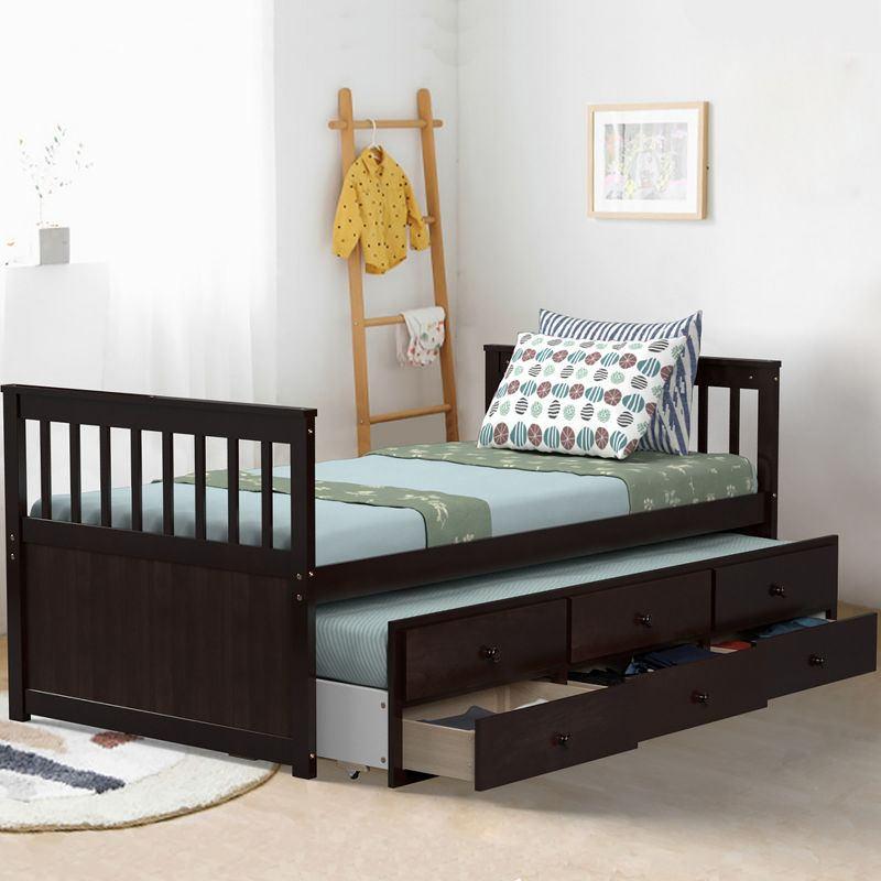 Costway Twin Captain's Bed Bunk Bed Alternative w/ Trundle & Drawers for Kids Espresso