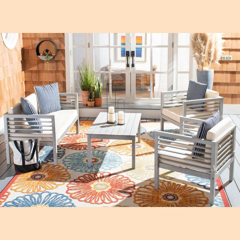 Alda 4 Piece Set - Indoor/Outdoor - PAT7033 - Grey/Beige + Thin Stripe Pillow - Safavieh