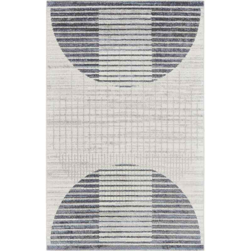 Nourison Astra Machine Washable Semi Circles Mid-Century Modern Indoor Bathroom, Kitchen Area Rug Ivory Blue 3'3" x 5'