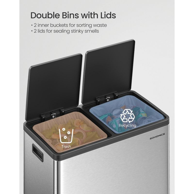 Trash Can, 2 x 8-Gallon Garbage Can, with 15 Trash Bags, 2 Compartments, Plastic Inner Buckets, Silver and Black