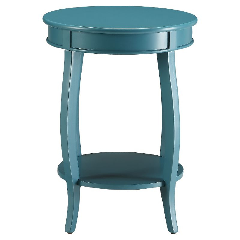 Aberta End Table Teal - Acme Furniture: Antique Finish, Round Side Table with Shelf, Wood Legs