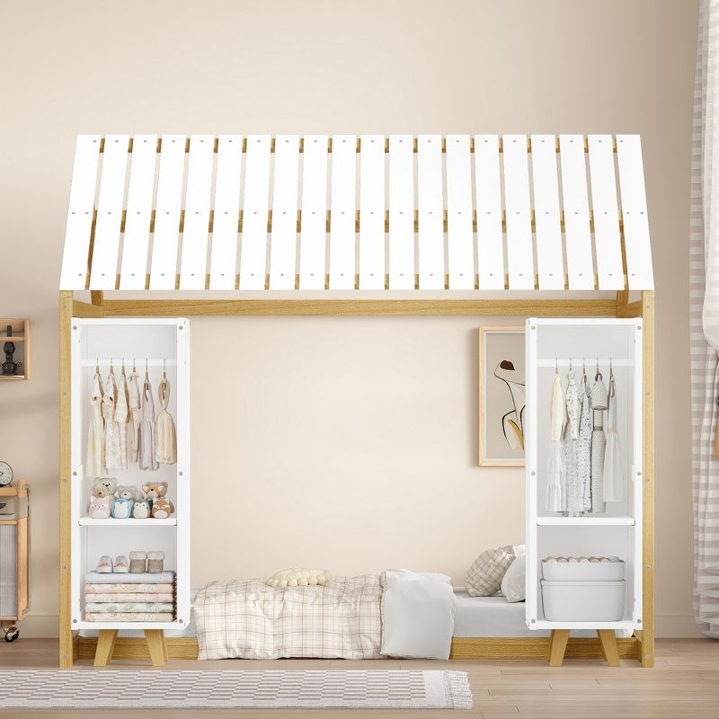 Twin Size House Bed Platform Bed Kids Floor Bed with Two Movable Wardrobes, Fence and Roof, Natural-ModernLuxe