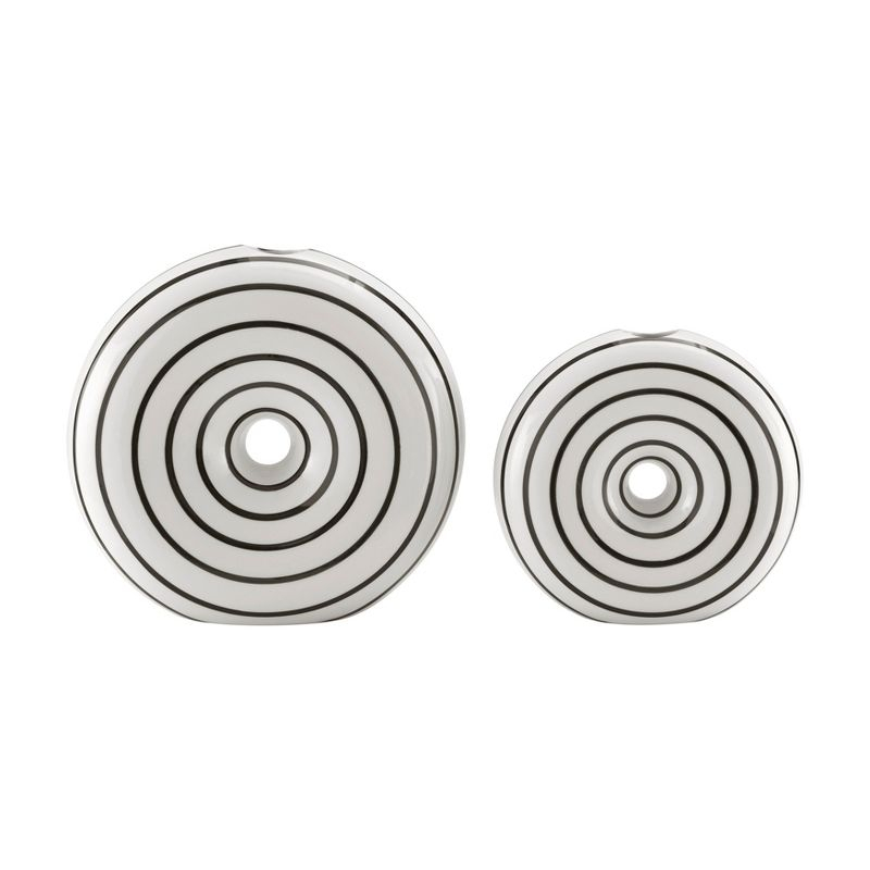 Danya B. Etta Two Piece Glossy Ceramic Black and White Striped Round Hollow Circle Donut Vase Set