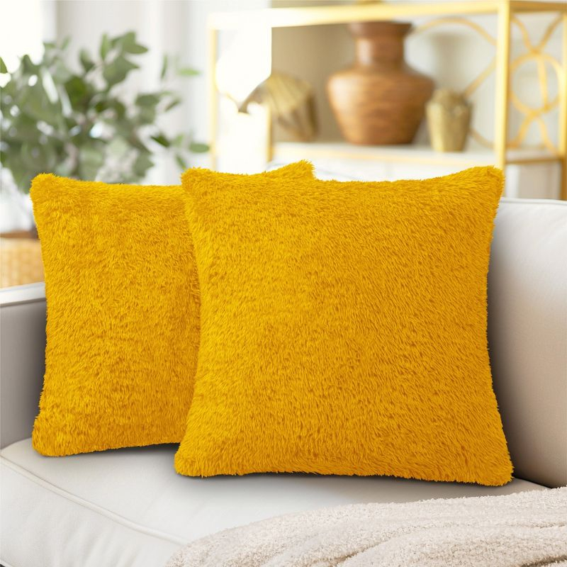 PAVILIA Set of 2 Fluffy Throw Pillow Covers, Decorative Faux Shearling Fur Square Cushion Accent for Bed Sofa Couch, Yellow/20 x 20