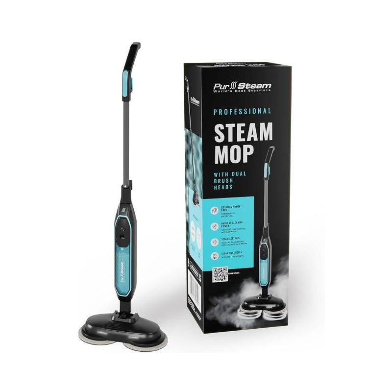 PurSteam ScrubMaster Steam Mop with Dual Scrubbing Head, LED Headlights, Adjustable Steam Control, Anti-Slip Swivel Head, Cable Holder & Upright Lock