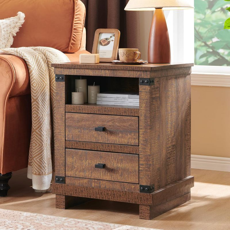 Nightstand with Charging Station & 2 Drawers, Farmhouse 18" Wide Night Stand, Rustic End Table for Bedroom, Reclaimed Barnwood