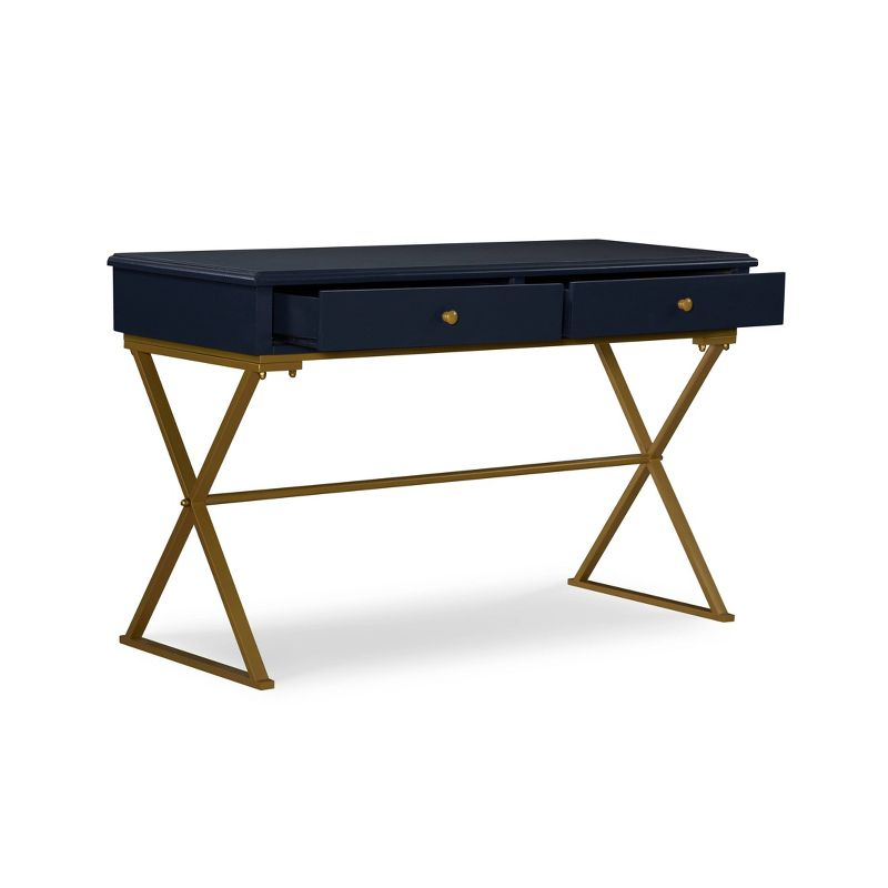 Campaign 2 Drawer Desk Blue/Gold - Linon: Matte Gold Legs, MDF, Metal Hardware