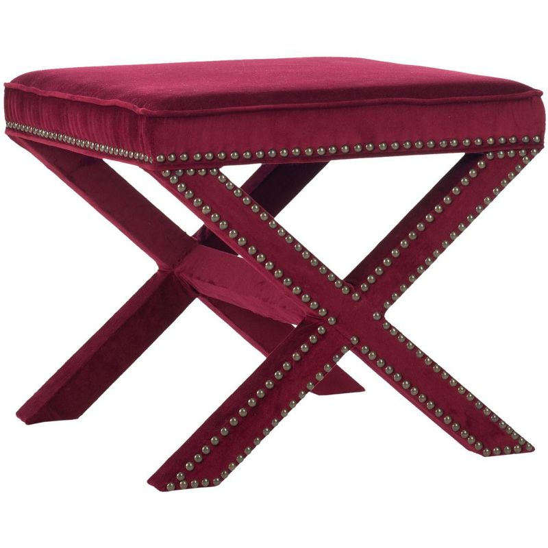 Palmer Ottoman with Brass Nail Heads - Red Velvet - Safavieh