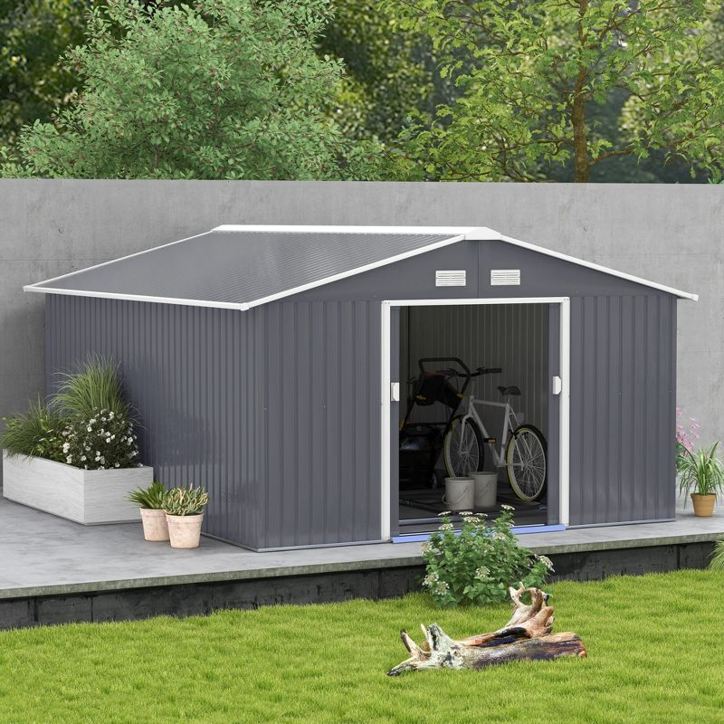 Outsunny 11' x 12.6' Metal Storage Shed Organizer, Garden Tool House with 4 Vents and 2 Sliding Doors for Backyard, Patio, Garage, Lawn, Dark Gray