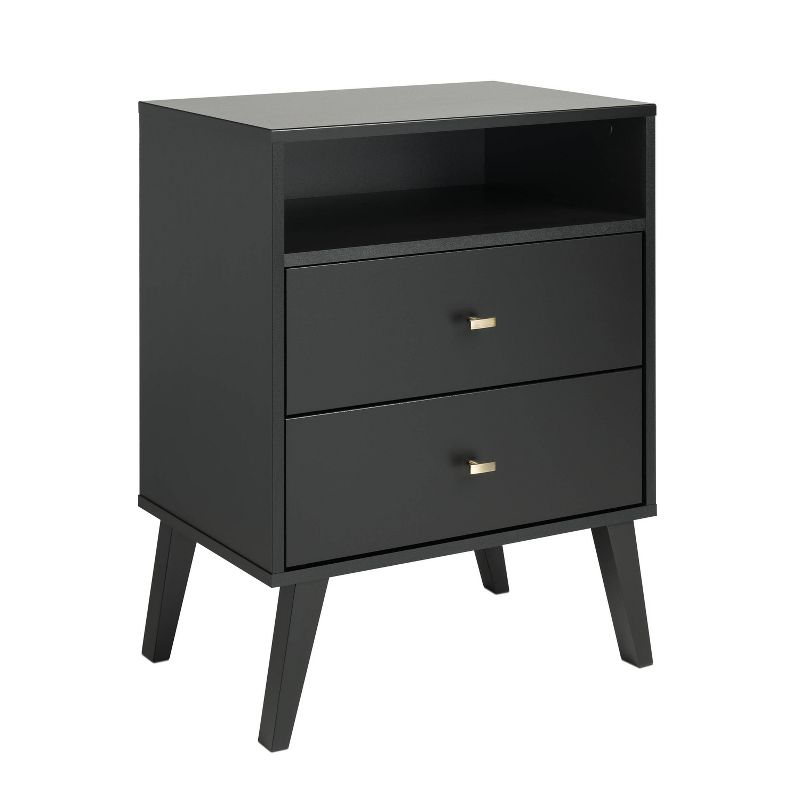 Mid Century Modern 2 Drawer Tall Nightstand with Shelf Black - Prepac: Brushed Brass Knobs, Wood Legs
