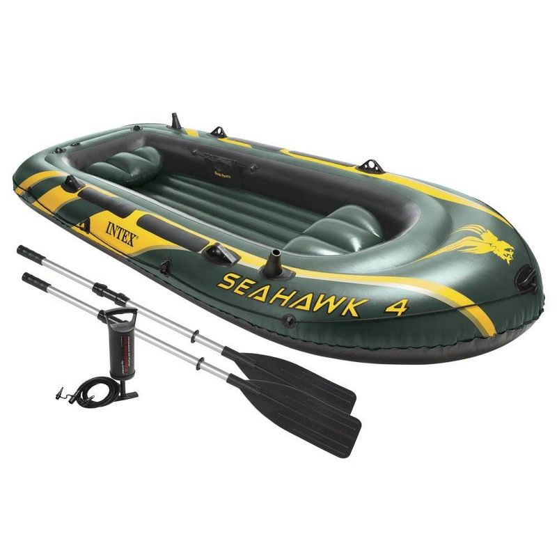 INTEX 68351EP Seahawk 4 Inflatable Boat Set: Includes Deluxe 54in Boat Oars and High-Output Pump – SuperStrong PVC – Fishing Rod Holders – 4-Person –