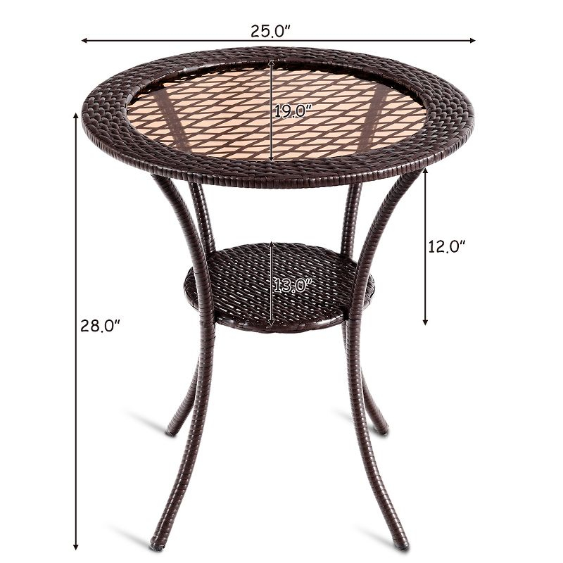 Tangkula Outdoor Side Table with Storage PE Wicker Patio Bistro Table with Tempered Glass Tabletop