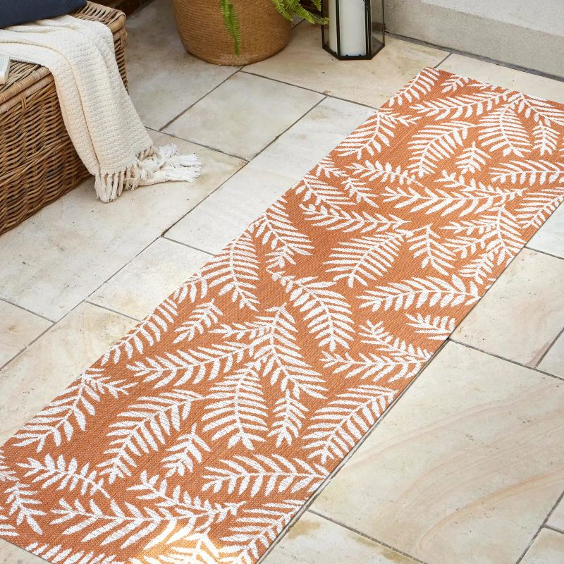 2' x 10' Nevis Palm Frond Indoor/Outdoor Runner Rug, Orange/Cream - JONATHAN Y