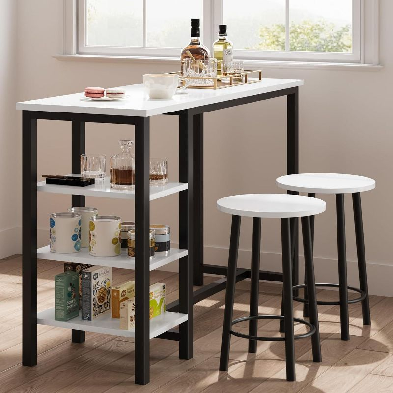 Bar Table with 2 stools, Counter Height Table with 3 Storage Shelves, 3 Piece Dining Table Set for Small Space, Apartment, Kitchen, White&Black