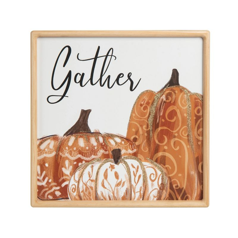 August Grove® Wood 15.75 in. Multicolor Autumn Pumpkin with Leaves Gather Wall Decor