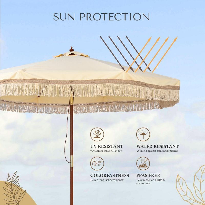 LAGarden BOHO 9' Fringe Patio Umbrella with Tassels UPF50+ Boho Style 5-Year-Non-Fading for Outdoor Yard Market Butter Twisted Root beige