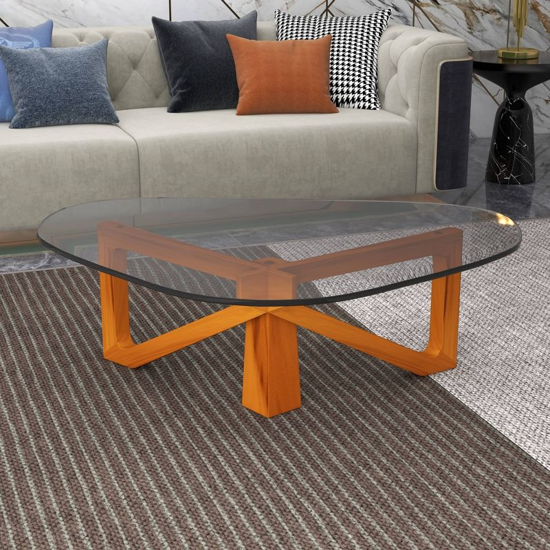 LeisureMod Imperial Collection Triangular Glass Top Coffee Table with Glossy Ash Wood Base for Home, Living Room, Office