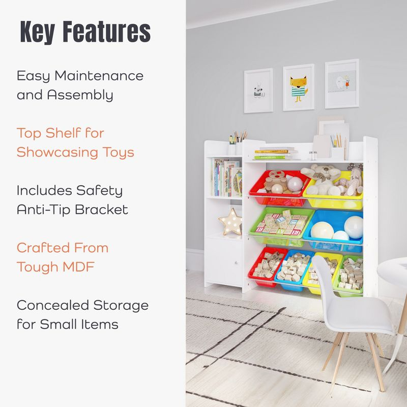 Sturdis Toy Storage Organizer with Bookshelf, Kids Playroom Organization Shelving Unit with Removable Colorful Storage Bins & Anti-Tip Bracket, White