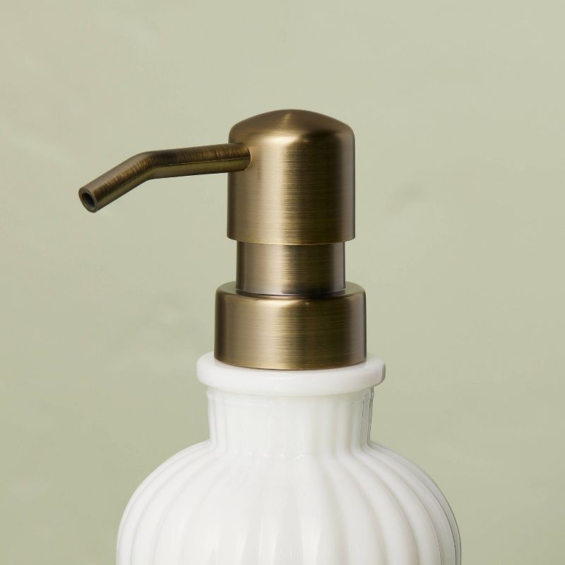 Fluted Milk Glass Soap Pump Brass Finish - Hearth & Hand™ with Magnolia: Elegant Bathroom Accessory, 10oz Capacity