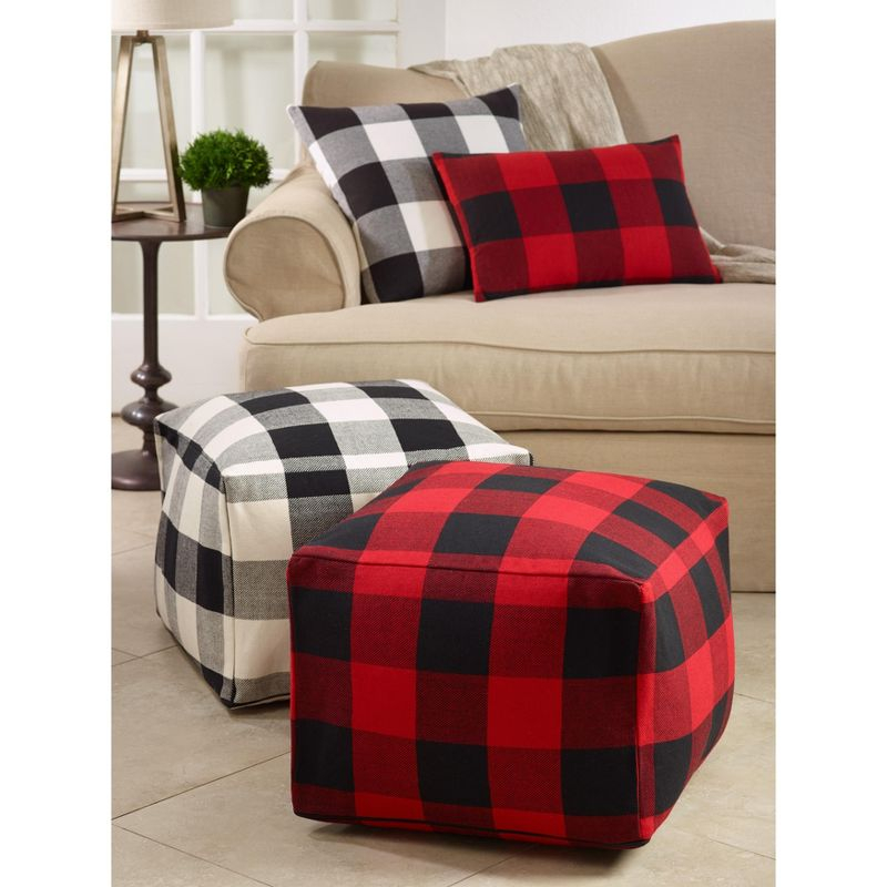 Saro Lifestyle Buffalo Plaid Design Floor Pouf, Black, 20" x 20" x 14"