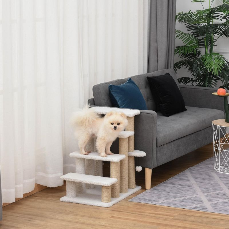 PawHut 4 Levels Cat Steps, Pet Stairs Carpeted Ladder, Kitten Tree Climber with Scratching Posts, Hanging Play Ball, Side Step, White