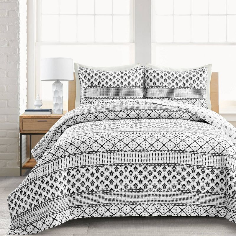 Full Queen 3pc Monique Stripe Quilt Set Black/White - Lush Décor: Microfiber, Reversible, Machine Washable