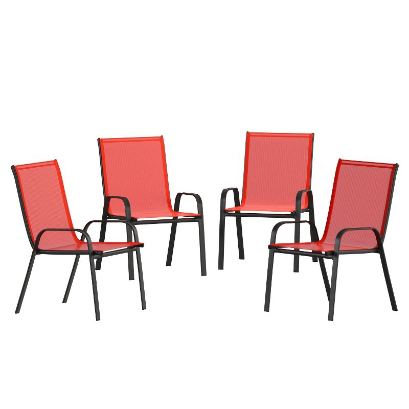 Flash Furniture 4 Pack Brazos Series Black Outdoor Stack Chair with Flex Comfort Material and Metal Frame