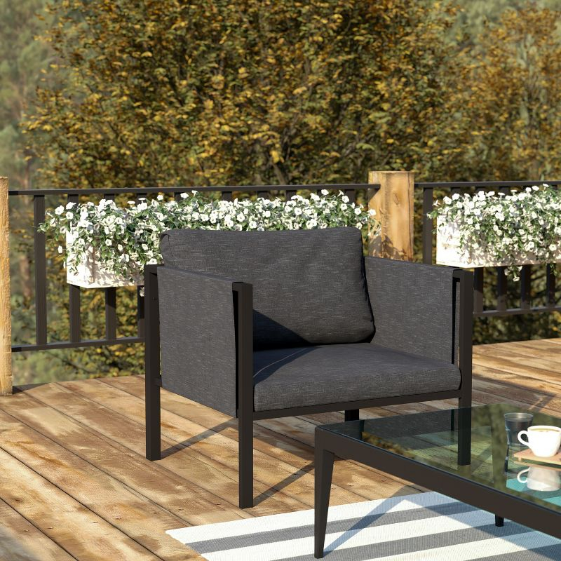 Flash Furniture Lea Indoor/Outdoor Patio Chair with Cushions - Modern Steel Framed Chair with Storage Pockets, Black with Charcoal Cushions