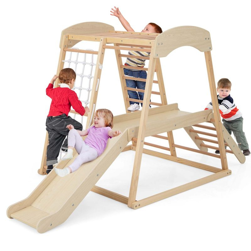 Costway 6-in-1 Indoor Jungle Gym Wooden Playground Climber Playset for Kids 1+ Years Natural