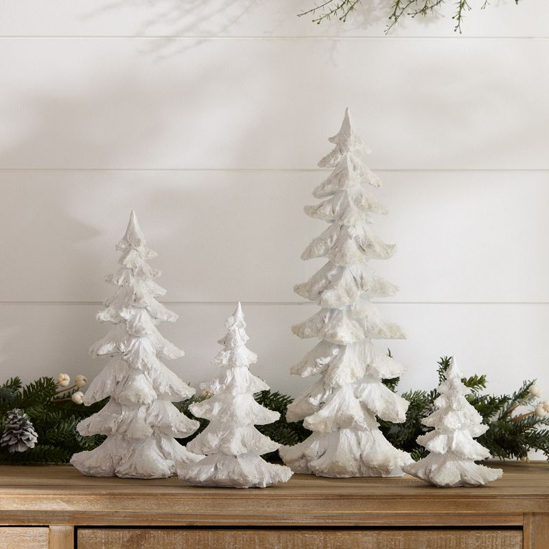 Flocked White Pine Tree with Carved Design (Set of 4)