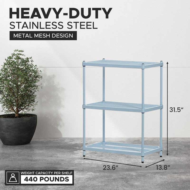 Design Ideas MeshWorks 3 Tier Full-Size Metal Storage Shelving Unit Rack for Kitchen, Office, and Garage Organization, 23.6” x 13.8” x 31.5,” Blue