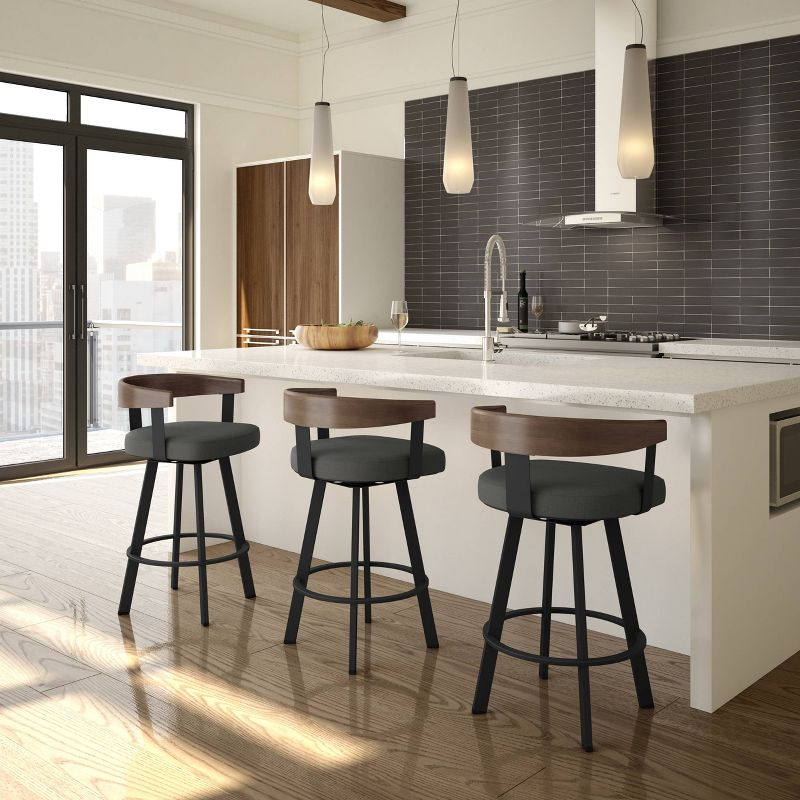 30" Lars Barstool & Gray/Dark Brown - Amisco: Swivel, Upholstered, Metal Frame, Modern Design