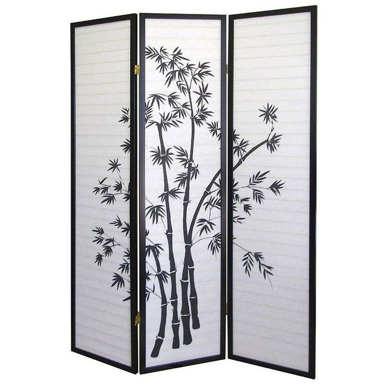 Legacy Decor 3 Panel Black Bamboo Print Oriental Privacy Shoji Screen Room Divider