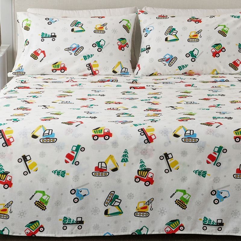 100% Cotton Christmas Flannel Sheets - Great Bay Home (Twin, Christmas Toy Trucks)