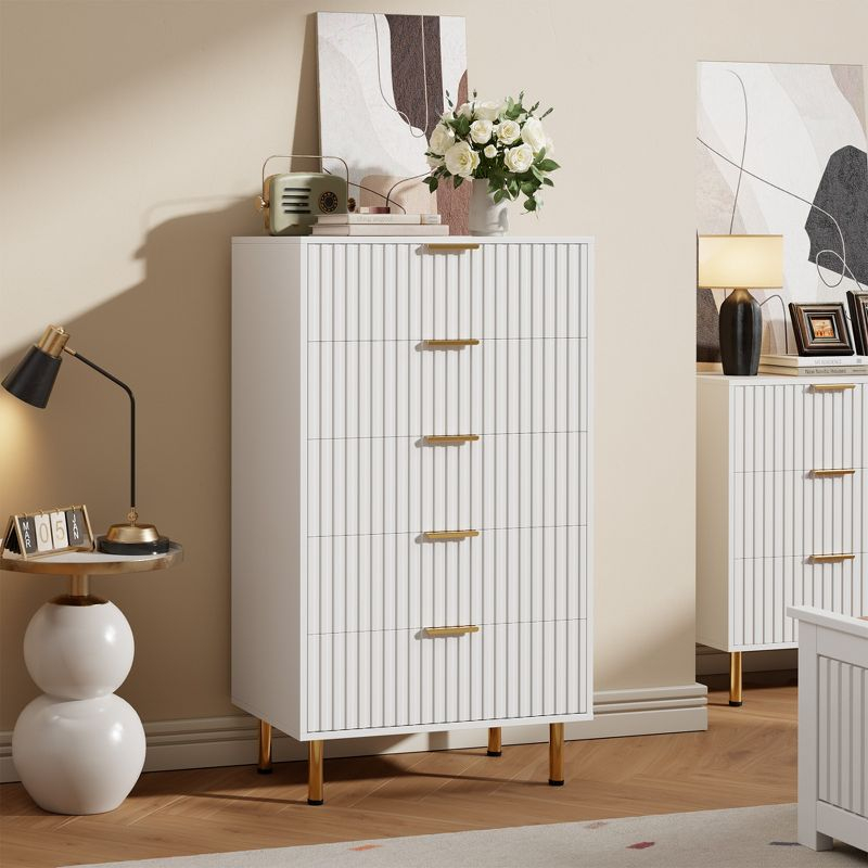 Garvee Fluted 5 Drawer Dresser for Bedroom, 48" Tall Modern Chest of Drawers, Wooden Dresser Organizer for Living Room, Hallway, Kids Room, White