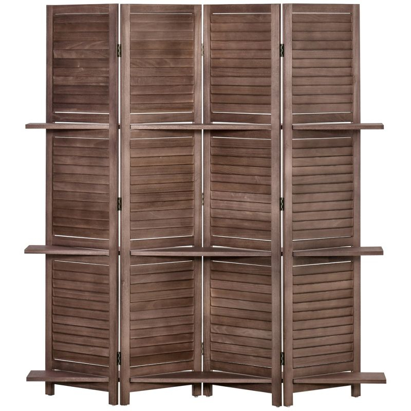 HOMCOM 4-Panel Folding Room Divider, 5.6 Ft Freestanding Paulownia Wood Privacy Screen Panel with Storage Shelves for Bedroom or Office, Walnut