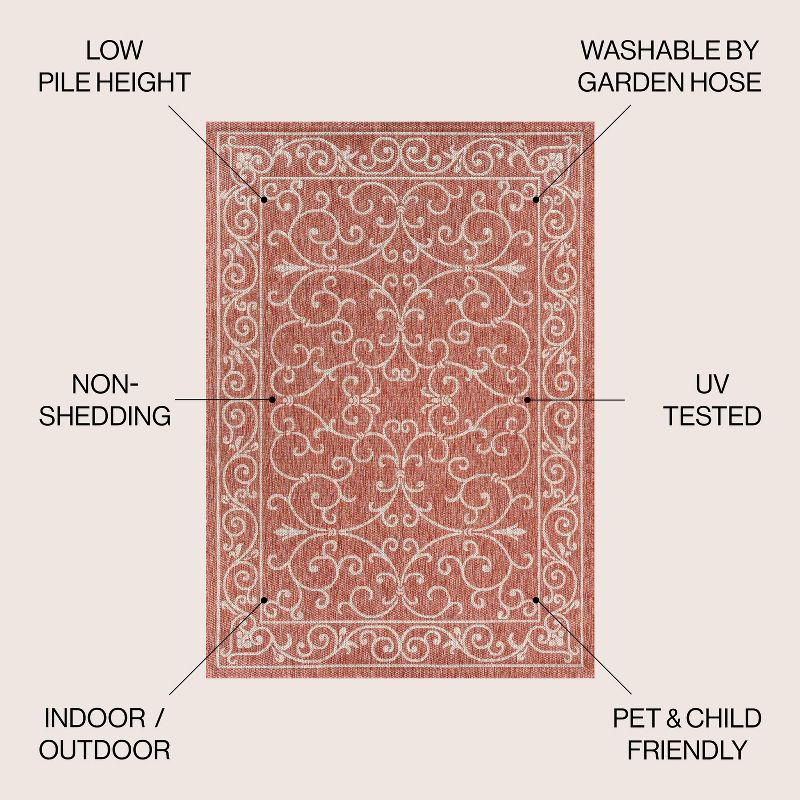 5' Round Charleston Vintage Filigree Textured Weave Indoor/Outdoor Area Rug, Red/Beige - JONATHAN Y