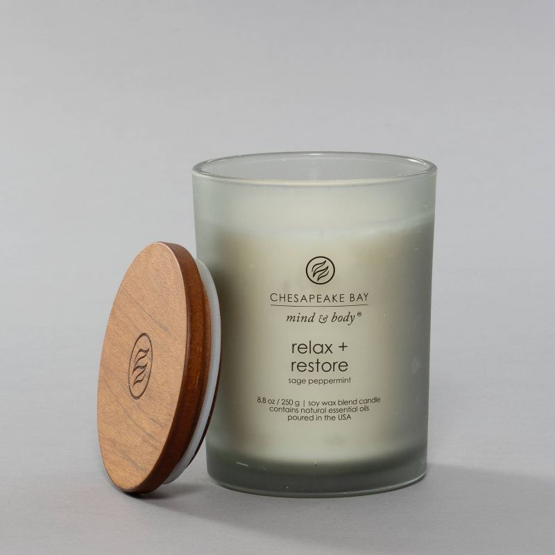Frosted Glass Relax + Restore Lidded Jar Candle Light Gray 8.8oz - Mind & Body by Chesapeake Bay Candle: Herbal Sage, Sweet Mandarin