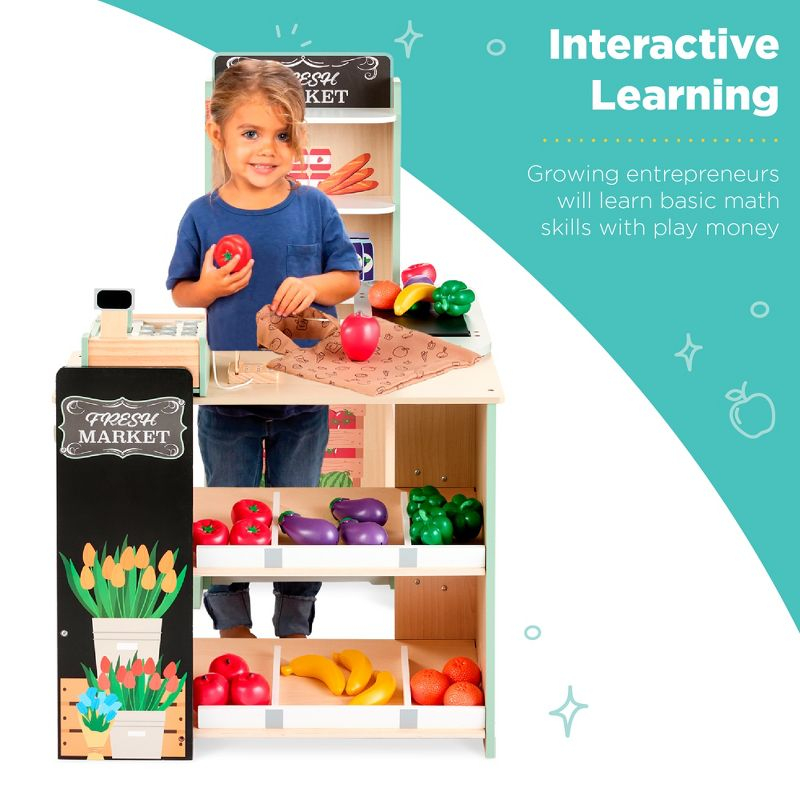 Best Choice Products Kids Pretend Play Grocery Store Wooden Supermarket Set w/ Chalkboard, Cash Register - Natural