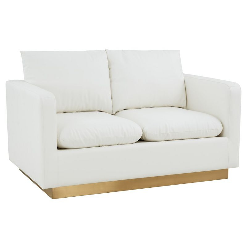 LeisureMod Nervo Mid-Century Modern Upholstered Faux Leather Loveseat with Gold Frame in White