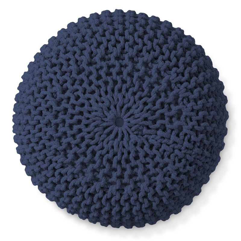 Casafield Round Pouf Ottoman, Navy Blue - 20" Dia x 14.5" High Cotton Knit Foot Stool - Boho Floor Pouffe for Living Room