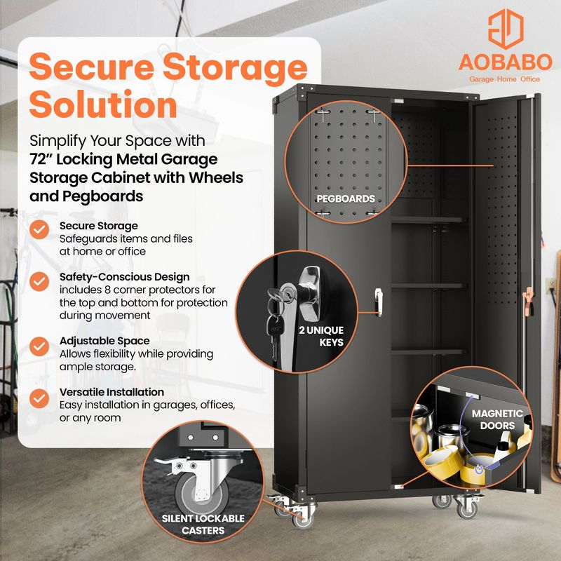 AOBABO 72 Inch Locking Metal Garage Storage Cabinet with Universal Rubber Wheels with Lockable Casters, Pegboards, and Magnetic Doors, Black