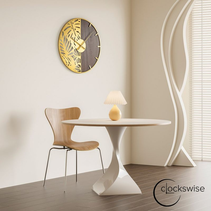 Clockswise 23.6” Round Big Wall Clock, brown wood and gold Metal with Leaf Cutout for Entryway Office Living Room or Kitchen, Hanging Supplies Include