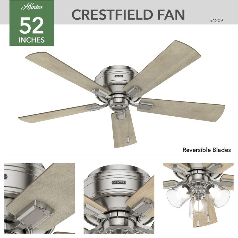 52" Crestfield Low Profile Ceiling Fan (Includes LED Light Bulb) Brushed Nickel - Hunter Fan: 5-Blade, 3-Speed, Flush Mount, Reversible Motor