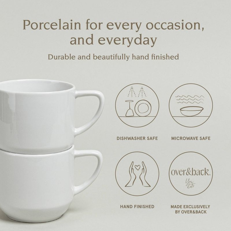 over&back Set of 4 14oz Coupe Glossy Hand-Finished Porcelain Mugs White: Microwave & Dishwasher Safe, BPA-Free