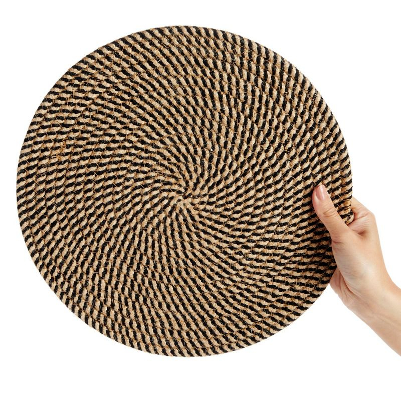 Farmlyn Creek Set of 4 Round Jute Placemats for Table, Woven Charger Mats for Plates (Blue and Tan Pattern, 13 in)