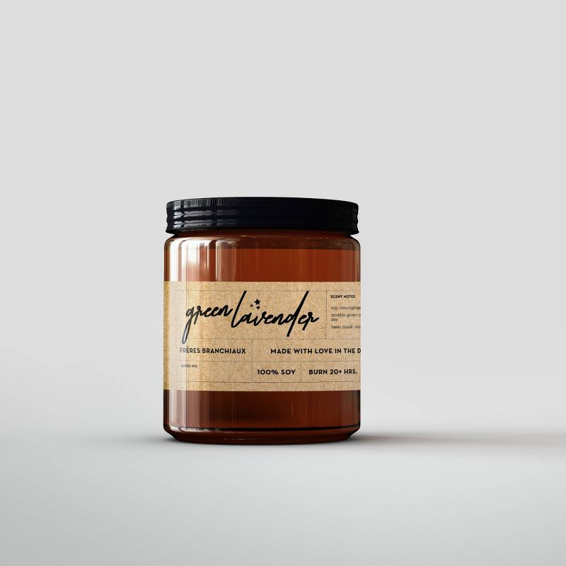 4oz Green Lavender Candle - Freres Branchiaux: Soy Wax Blend, Spa Aromatherapy, Relaxing Musk & Cedar Scent