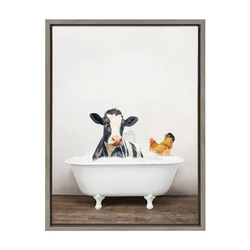 18" x 24" Sylvie Cow and Chicken in Rustic Bath Frame Canvas by Amy Peterson Gray - Kate & Laurel All Things Decor