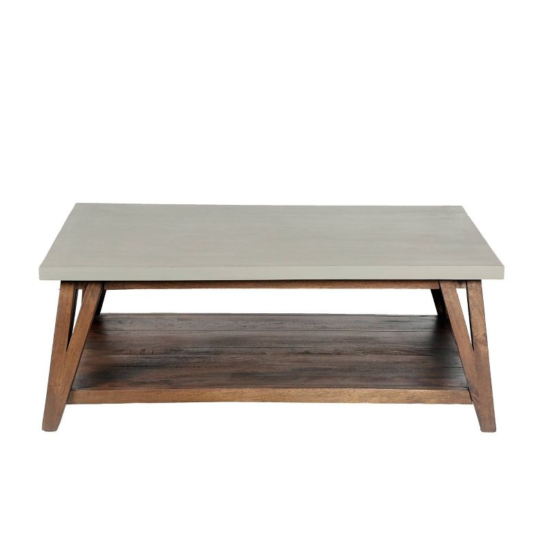 Alaterre Furniture 36" Brookside Coffee Table Concrete Coated Top and Wood Light Gray/Brown: Mid-Century Modern Design, Fixed Shelf